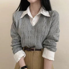 Polo Collar Cable Knit Fake Two-piece Knitted Tee