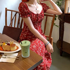 Floral Print Square Neck Front Tie Dress