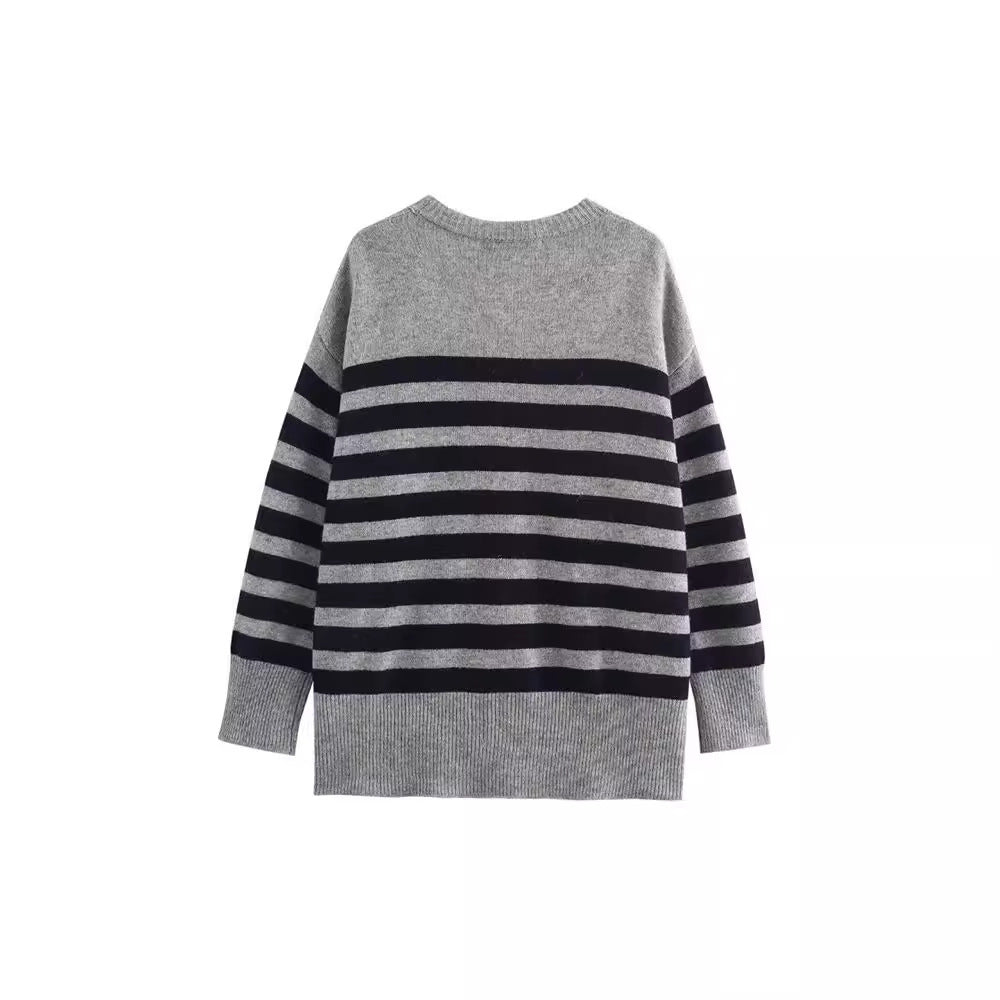 V-Neck Striped Oversized Knitted Cardigan