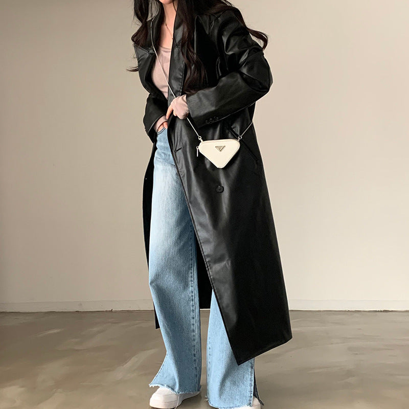 Suit Collar Double Breasted PU Leather Maxi Coat