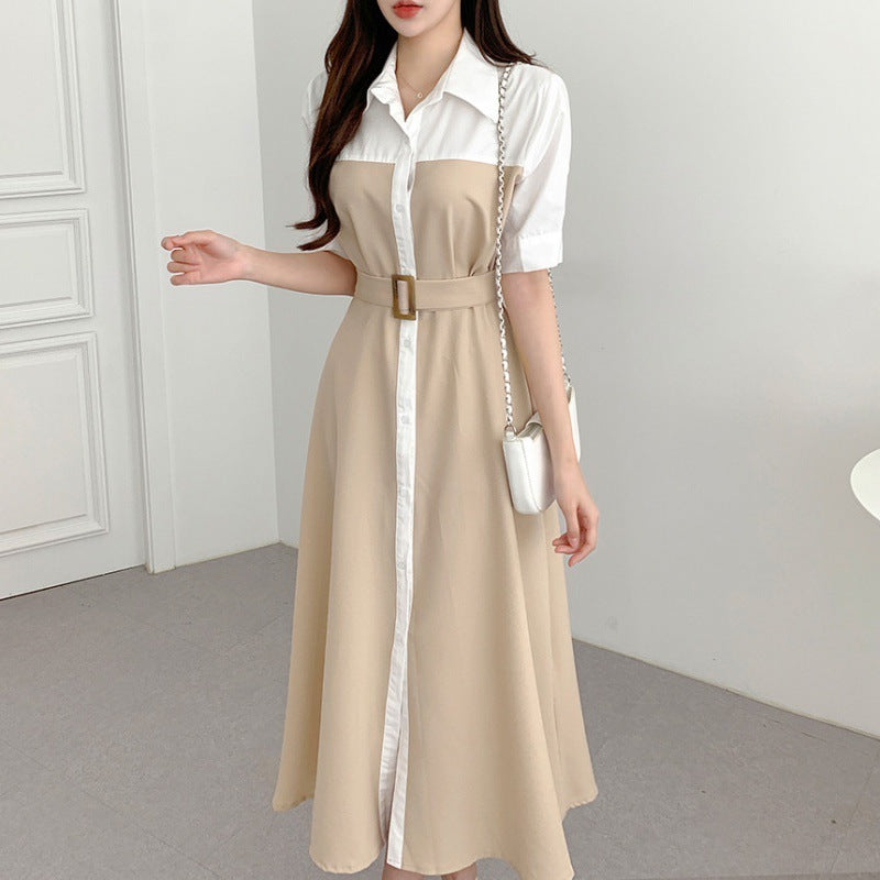 Contrast Color Belted Short Sleeve Midi Dress