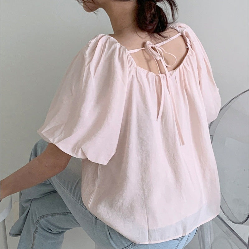 Solid Color Oversized Puff Sleeve Blouse