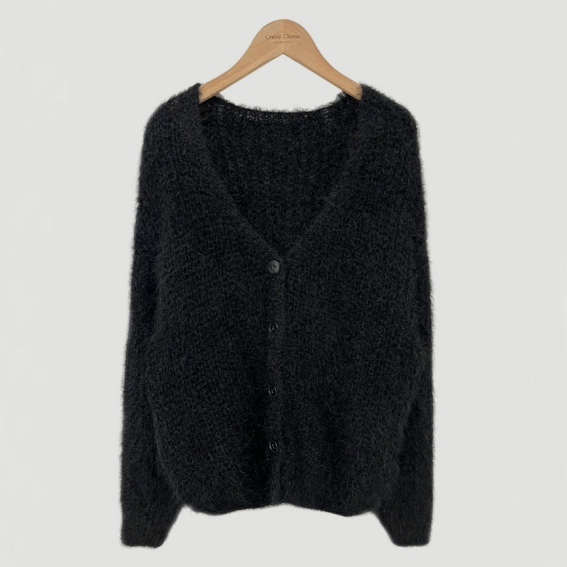 V-neck Knitted Fuzzy Cardigan