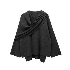 Solid Knitted Cardigan With Asymmetrical Scarf Set