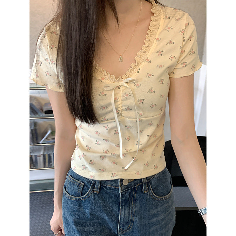 Small Lace V-neck Patchwork Floral Short Sleeve Women