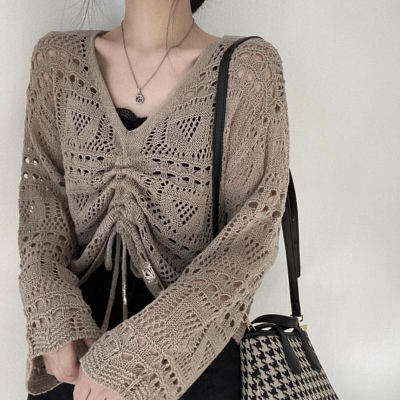 V Neck Lace Up Crochet Knitted Tee